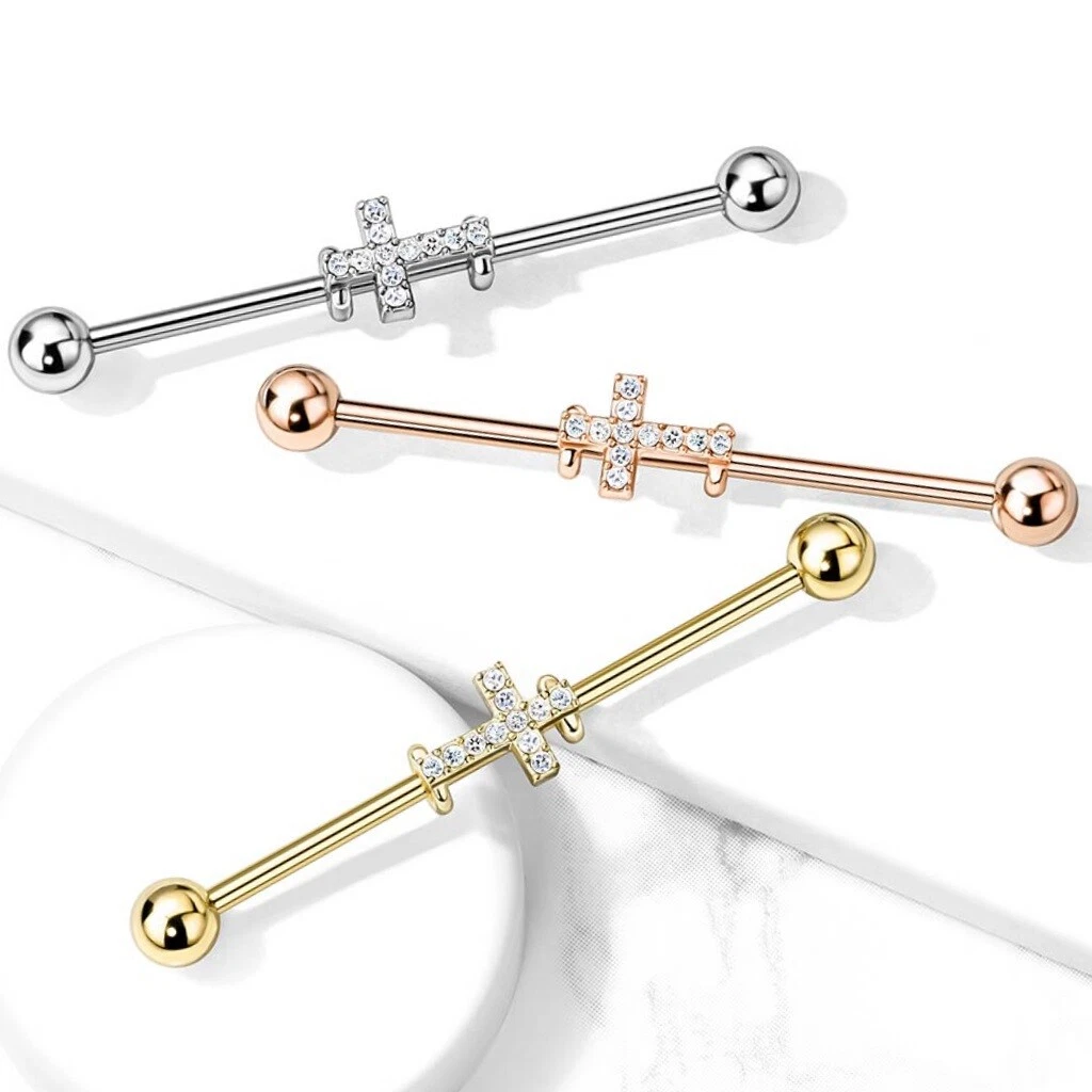 MICRO CRYSTAL CROSS STEEL INDUSTRIAL EAR PIERCING BARBELL JEWELRY 14G 38mm