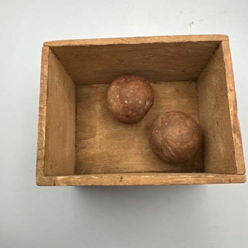 Antique Wood Box Postage Stamped 1925 4.75”x3.5” With 2 Bennington Clay Marbles.