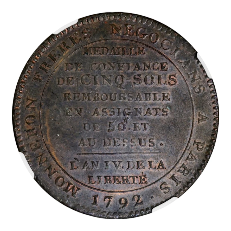 NGC AU58 BN France 5 Sols 1792 Birmingham Soho French Revolution Coinage LL - Image 3 of 4