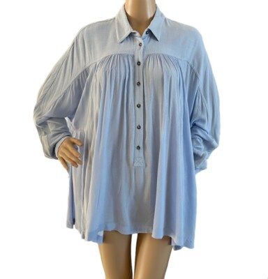 Free People Flowy Button Pleated Blouse Womens Oversized Shirt Blue Size M  | eBay