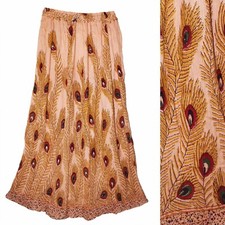 Indian Ethnic Peacock Maxi Skirt For Women Broomstick Boho Hippie Retro Vtg P85