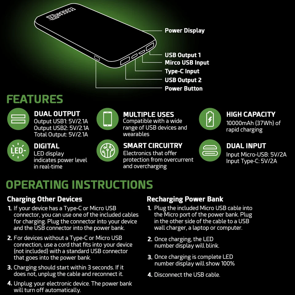 10000mAh Fast External Portable Power Bank Backup Battery Charger for Cell Phone - Image 2 of 4