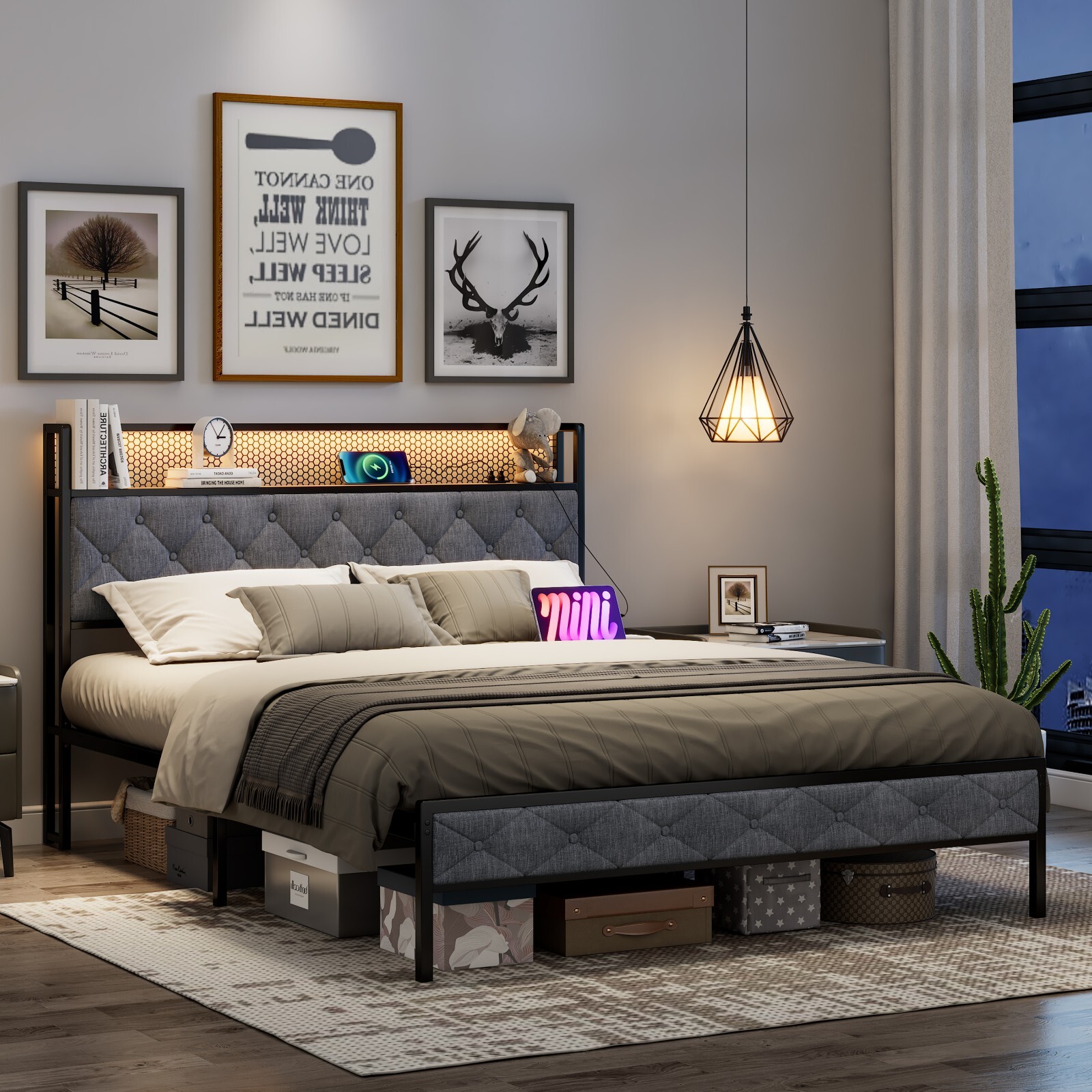 Storage Headboard，Metal Platform Bed Frame with LED & USB Charging Station-image