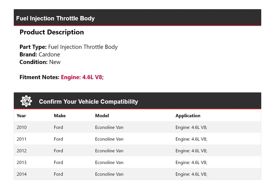 Para Ford Econoline 2010-2014 furgoneta 4,6 L V8 carrocería de acelerador de inyección de combustible cardone Foto 2 de 3