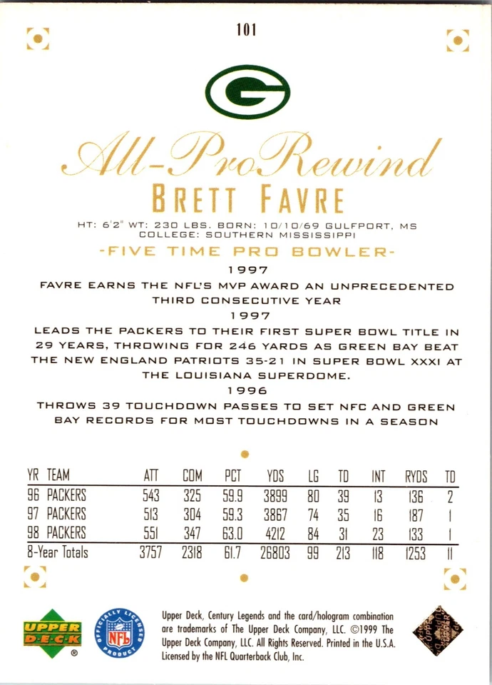 1999 UD Football Century Legends #101 Brett Favre Green Bay Packers HOF - Image 2 of 2