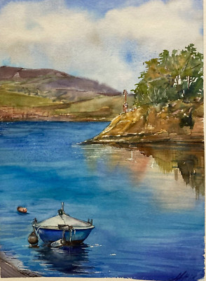 Boat Sea Mountains Nature Watercolor Original Painting Harbor