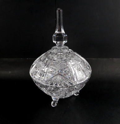 Vintage Footed Cut Lead Crystal Candy Dish w/ Lid - Hollywood Regency - 9.25 T