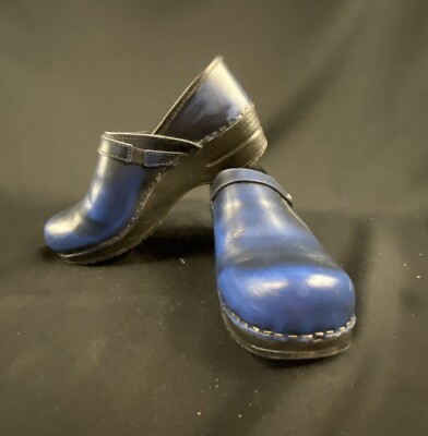 Sanita Womens Cori Clogs Blue Leather Snap Strap Round Toe 7.5 EUR 38