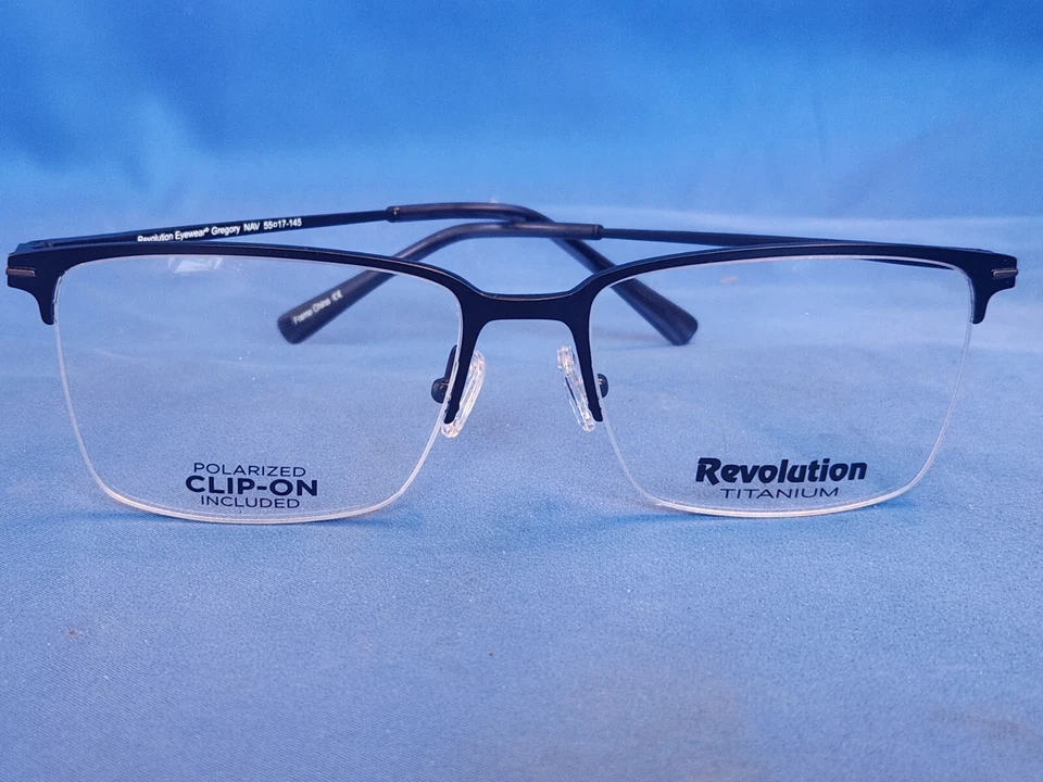 New Revolution Eyeglass Frame w/ Magnetic Sun Clip Gregory Navy Titanium 55-17 - Image 2 of 4