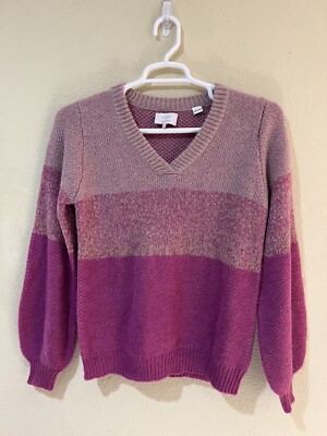 Numph Knit Purple Colorblock V-Neck Sweater Wool Blend Pullover Sz S R2