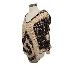 Vintage Womens Handmade Crochet Poncho Cape with Hood Granny Square