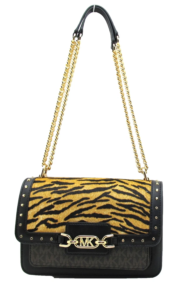 NEW Authentic MICHAEL KORS HEATHER Chain Lg Stud Zebra Print Leather Brown/Gold
