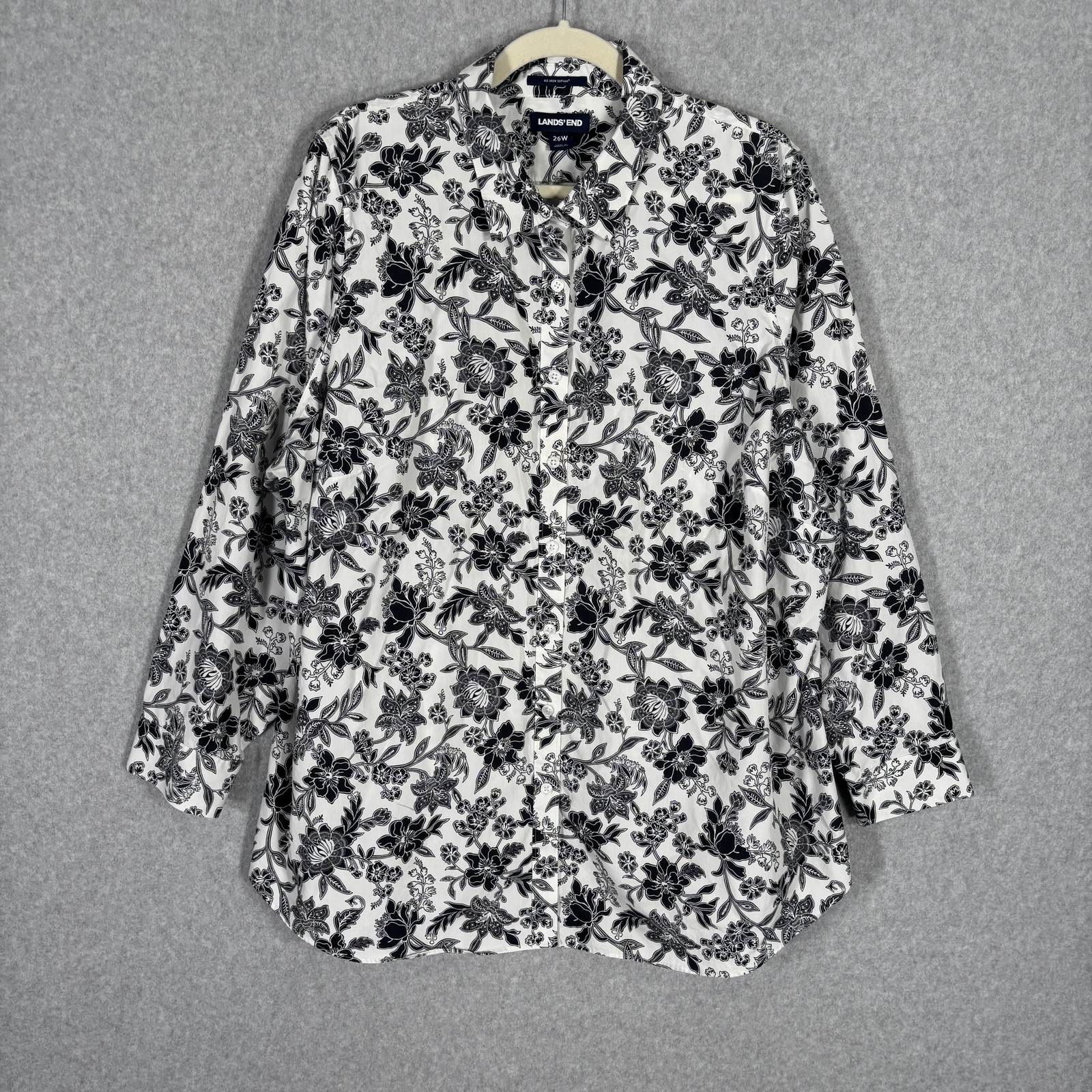Lands End Shirt 26 Black White Floral No Iron Supima Cotton Tunic Casual Thin