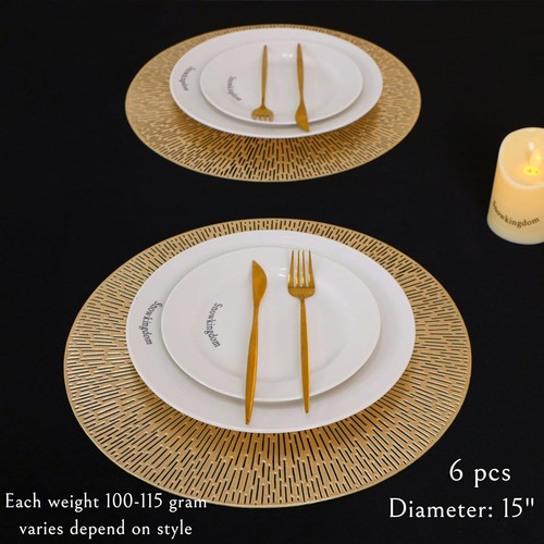 Round Placemats Gold Metallic Set of 6 Vinyl Hollow 15 Large, - Imagen 3 de 7