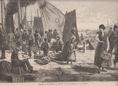 orig. Holzstich Am Molo San Carlo zu Triest - Fischmarkt Originalzeichnung von F