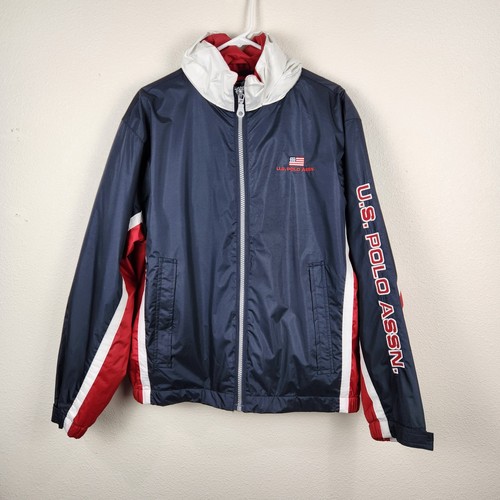 Vintage US Polo Assn Mens Jacket Windbreaker Full Zip Hooded Logo Blue Red SZ M - Picture 1 of 12