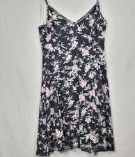Lulus Black Floral Midi Dress L Pink Rose Fit & Flare Back Zip Slit Garden Party