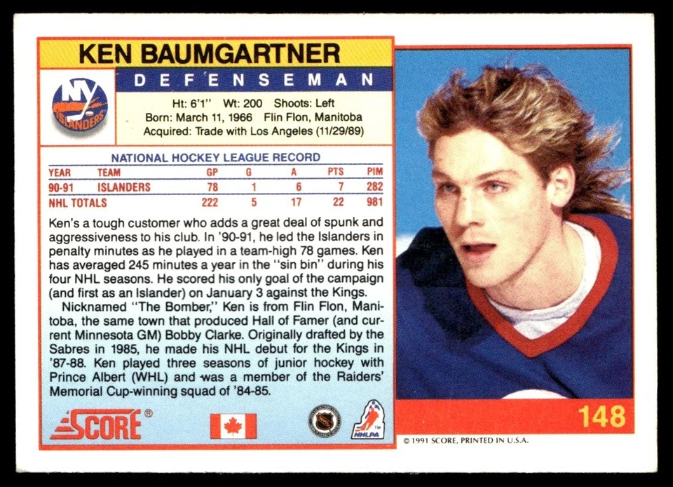 1991-92 Score Canadian English Ken Baumgartner New York Islanders #148 - Image 2 of 2