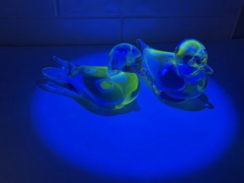 Murano Pair Ducks Birds Italian Blue Green Vaseline Uranium V. Nason Sticker MCM