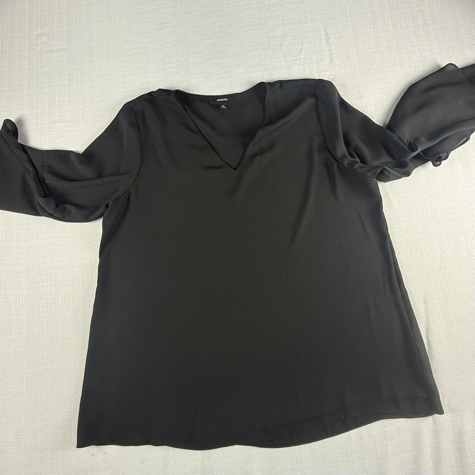Alfani Womens 16 Black V Neck Blouse Double Bell Sleeve Flare Career Top