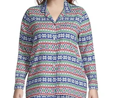 Lands' End Women’s Plus Size 2X Long Sleeve Flannel Pajama Top Ivory Cobolt Blue