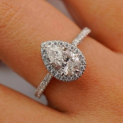3.20 CTW Pear Cut  Moissanite Halo Style Engagement Ring 14K White Gold Plated