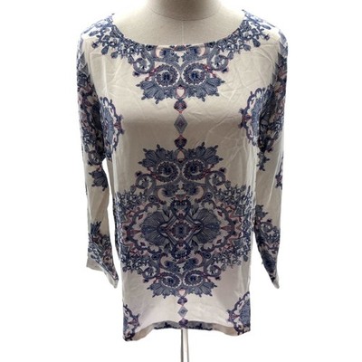 Club Monaco Blue/Cream Paisley Silk Long Sleeve Crew Neck Blouse- S 