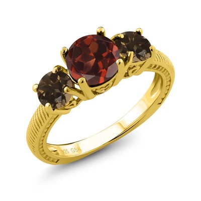 2.22 Ct Round Red Garnet Brown Smoky Quartz 18K Yellow Gold Plated Silver Ring