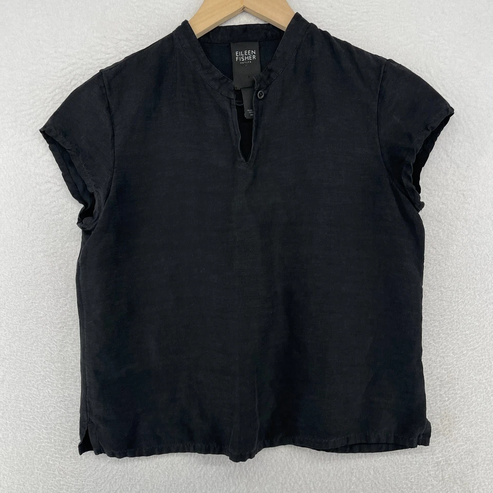 EILEEN FISHER Top PP Petite Linen Silk Mandarin Collar Keyhole Cap Sleeve Black - Image 2 of 4