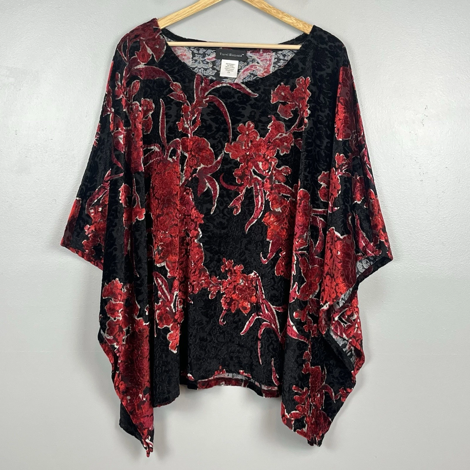 Travel Elements red & black velvet burnout poncho style blouse top, size 2X.