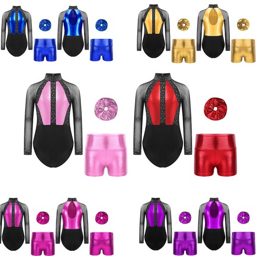 Kids Girls Outfits Rhinestones Suit Leotard Set Figure Costume Sheer Mock Neck - Picture 2 of 80