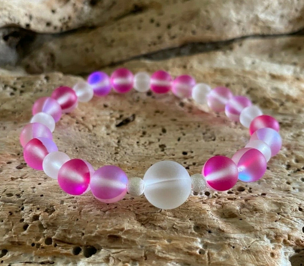 Pink Bracelet, Iridescent Moonstone Rainbow Glass Beads Sterling Silver  Beads