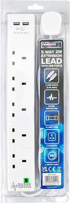 Verlängerungskabel mit 2 USB-Kabel Elektrostecker Buchse UK Hauptstrom 5-fach 2 m