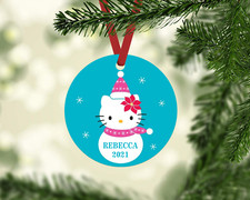 HELLO KITTY SNOWMAN PERSONALIZED NAME YEAR 2021 METAL CHRISTMAS TREE ORNAMENT