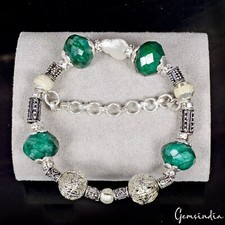 24.86gm Natural Emerald Bead Silver Gem Handmade Adjustable/Stretchable Bracelet