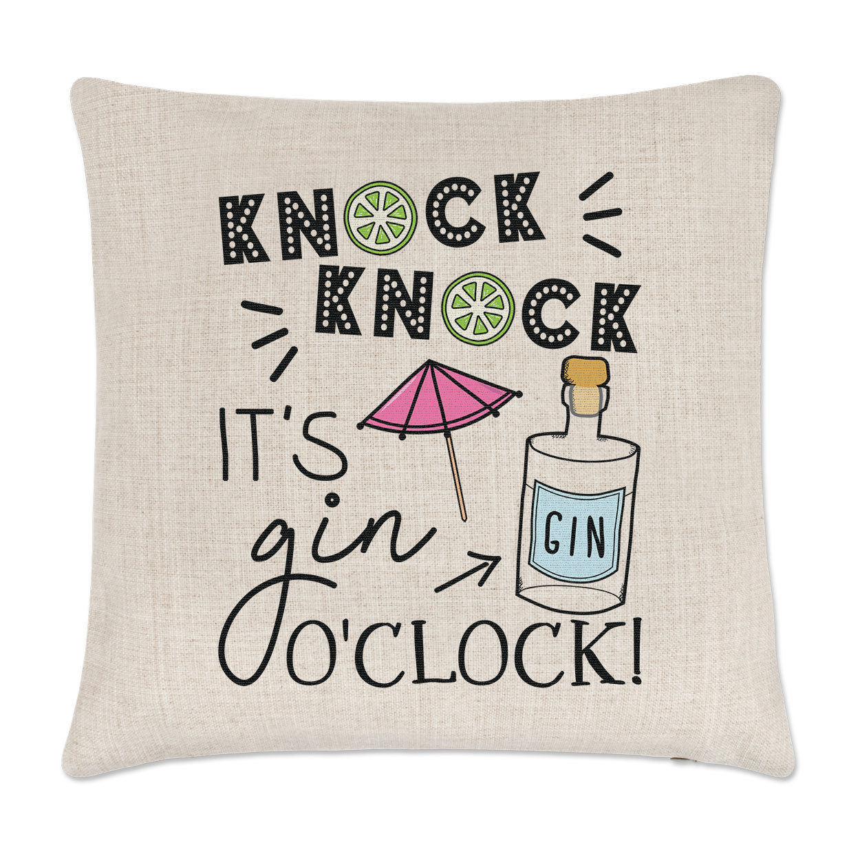Knock Knock It's Gin O'Clock Linen Cushion Cover Pillow - Funny Drunk Joke