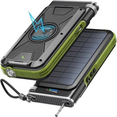 Fokimdo Solar Powerbank mit FM-Radio, 26800 mAh Wireless Fast Charging powerbank