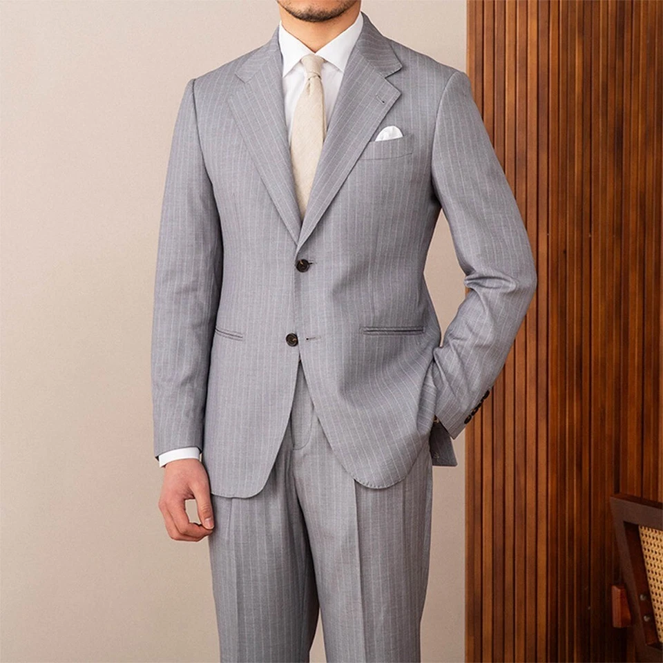 Men Gray Striped Suit Single Breasted Jacket Notch Lapel Party Business Elegant - Image 3 of 4