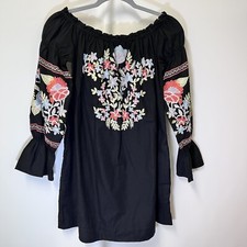 Free People Fleur Du Jour Mini Small Black Puffy Sleeve Embroidered Boho Dress