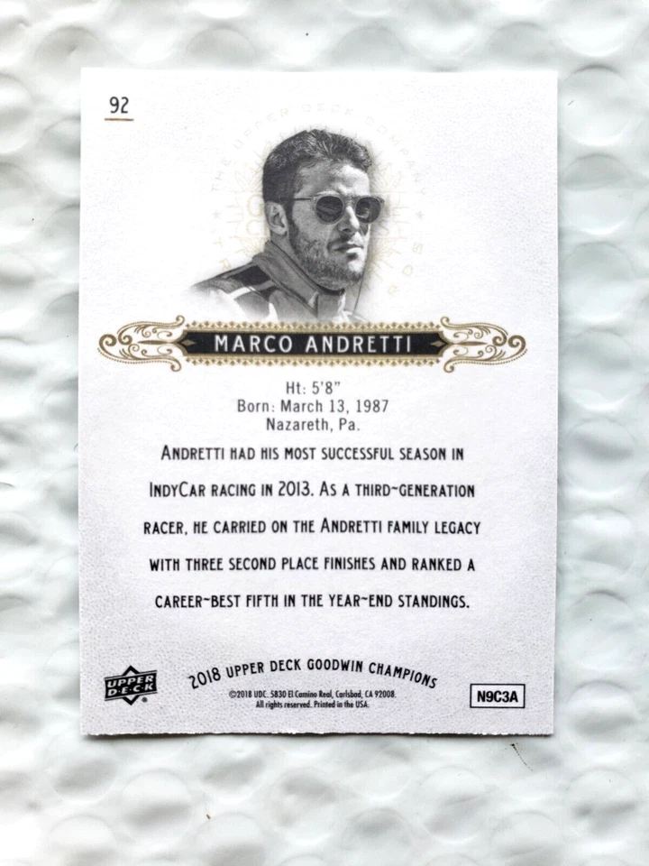 2018 Upper Deck Goodwin Champions - Marco Andretti - CARD #92 - NRMNT/MINT - II - Image 4 of 4