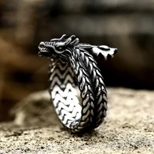Vintage Tribal Dragon Ring Stainless Steel Men's Twine Dragon Biker Punk Ring