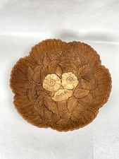 Vintage Faux Wood Carved Bowl Flowers Made in USA Scalloped Multi Products Inc