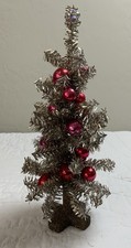 Reproduction Christmas Tree With Ornaments, Silver & Rosy Red, Primitive, 13”