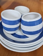 Vintage Staffordshire Chef Ware, Blue & White r Egg Cups And Saucers