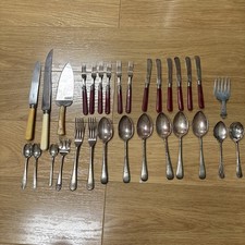 Bakelite Red Vintage Cutlery Set Electroplated Silver. Knives, Forks and Spoons.