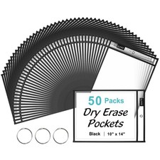 50 Packs Oversized Reusable Dry Erase Pocket Sleeves with 3 Rings, Black 10x1...