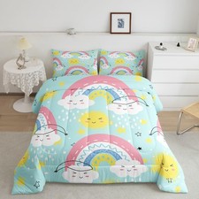 Girls Rainbow Down Comforter Twin,Sun and Stars Bedding Set Cartoon Clond Com...