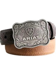 Ariat Belt Boys 22 Brown Tooled Leather Silver Buckle Western Cowboy A1301002