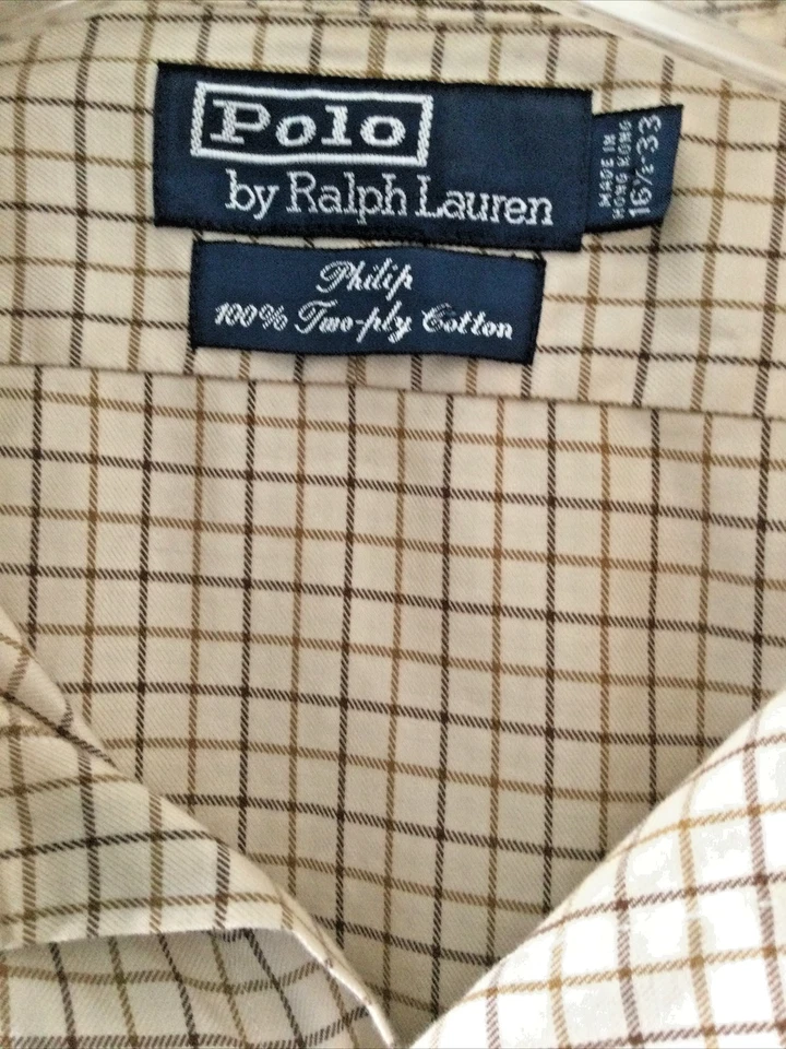 Camisa Polo De Colección por Ralph Lauren 16 1/2-33 Marrón Beige A Cuadros Philip Manga Larga Foto 2 de 4