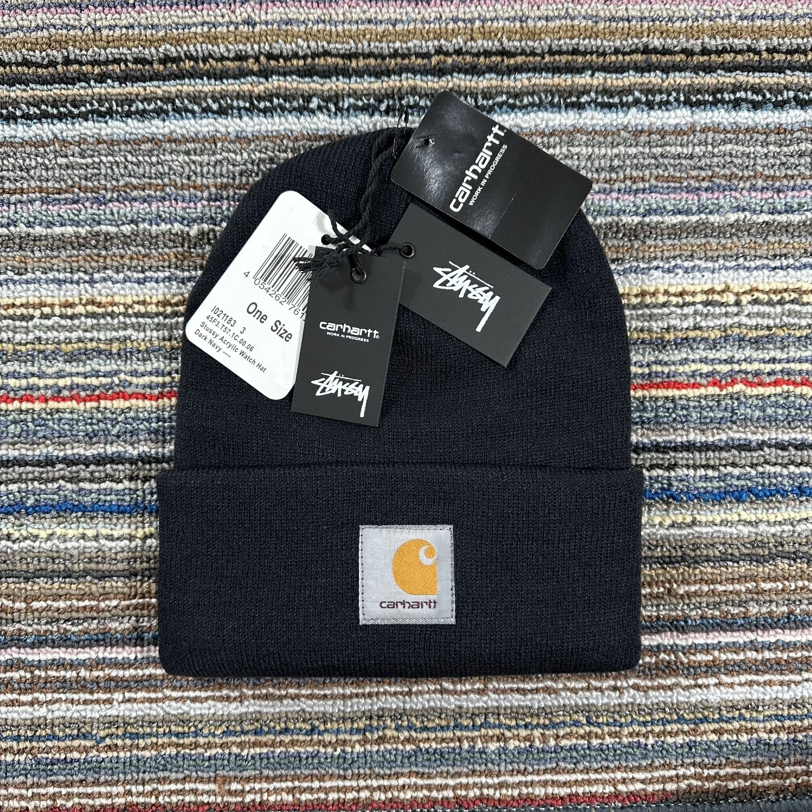 STUSSY CARHARTT BEANIE HAT - DARK NAVY WINTER CAMPING OUTDOOR Y2K